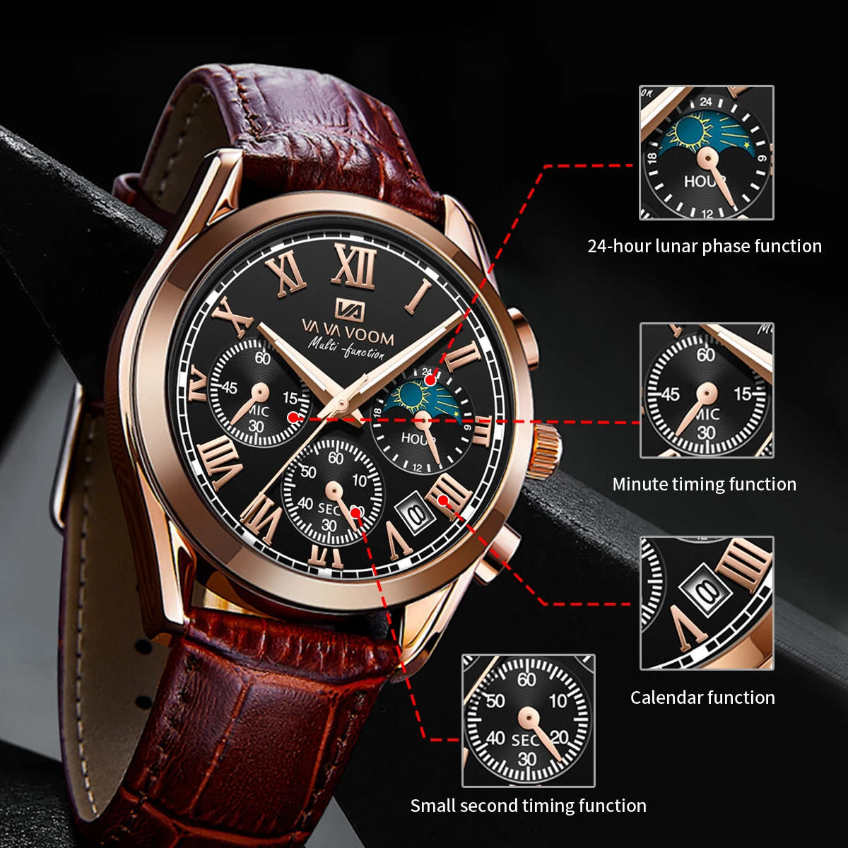 Reloj Multi Functional Mens Sports Watch 40mm Rose Gold Leather Luminous Timing Quartz Movement Casual Fashionable Men Watchrs