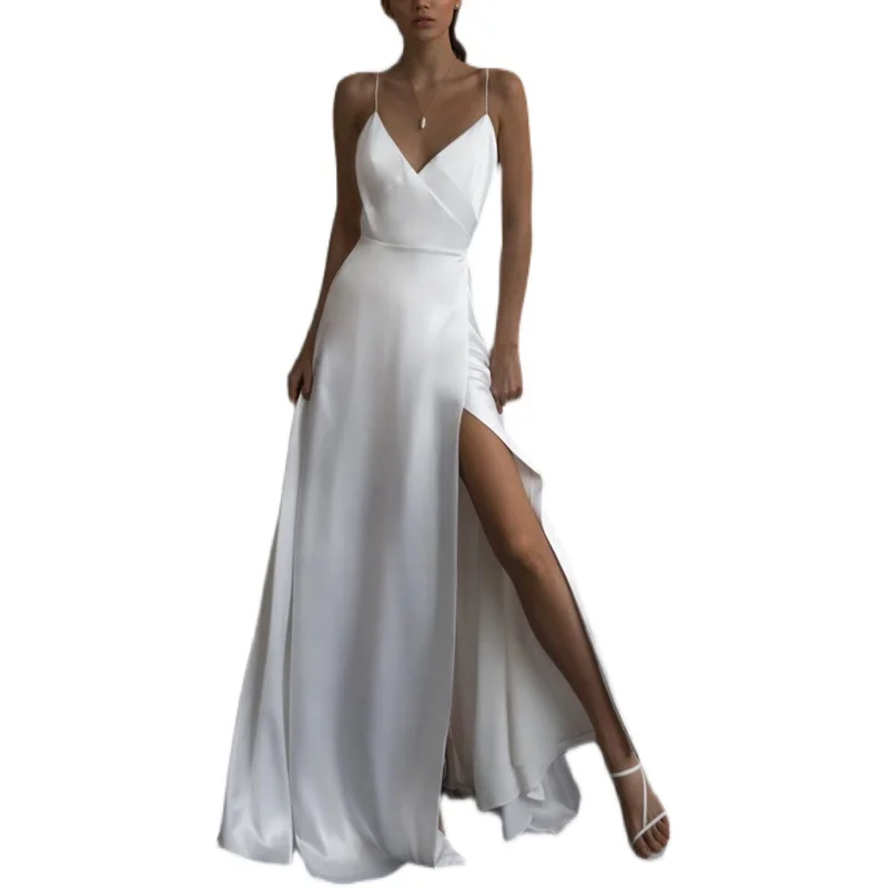 Sexy V-ne Svel Abend Dr Damen Par Kleid mittlere Taille A-Linie langer Rock Pendeln Sle Sommersaison reine Farbe