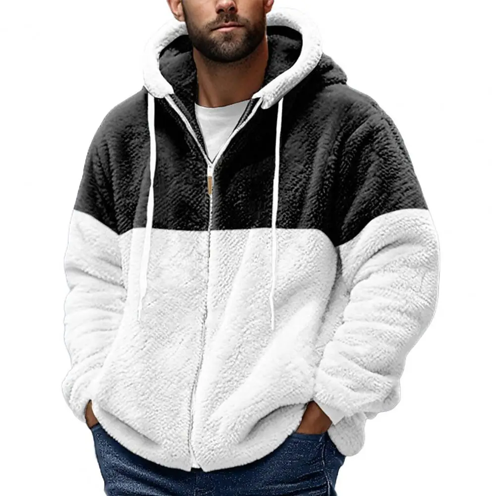 Street Style Hoodie Men's Winter Fleece Hooded Coat with Drawstring Colorblock Zip-up Jacket for Outdoor Travel Windproof Heat