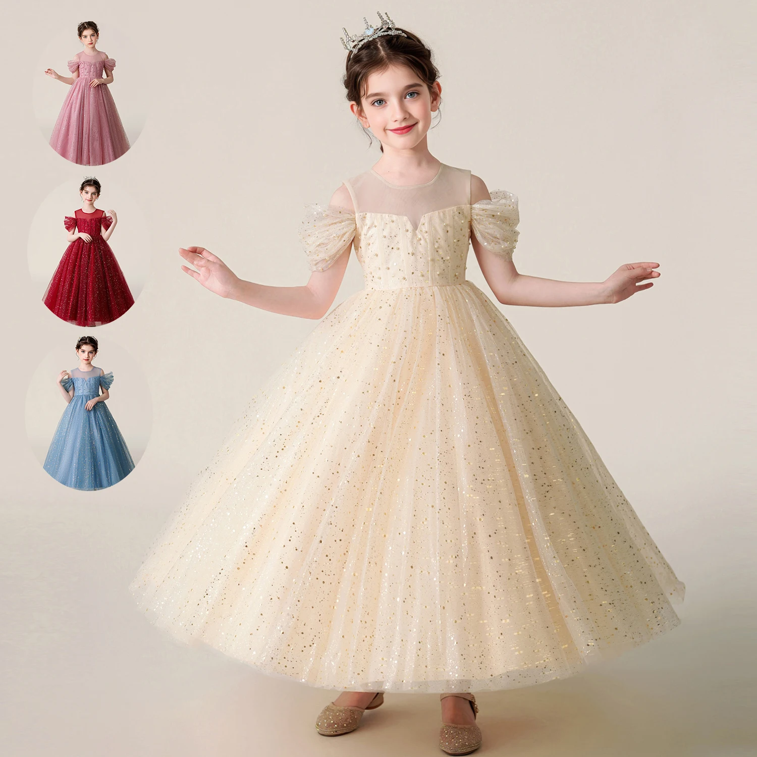 4-12Y Kids Dresses For Girl Clothes Lace Flower Ball Gown Girls Long Dress For Wedding Prom Party Dresses Teenage Girl Costume