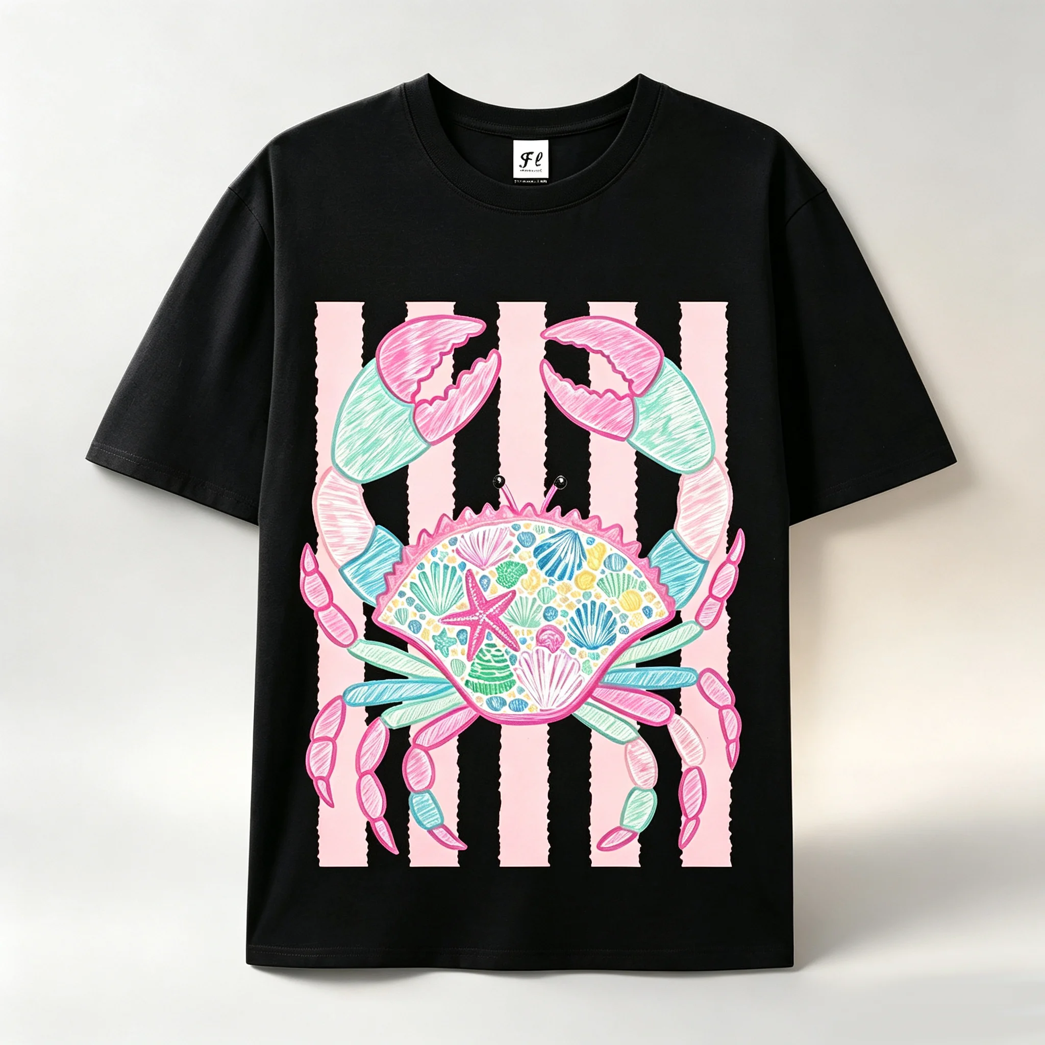 Pastel Crab Shell Graphic T‑Shirt Women Summer Beach Ocean Marine Animal Print O Neck Short Sleeve Casual Street Tee