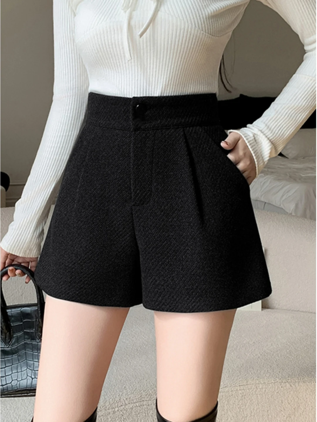 Women's Casual Woolen Short Pants High Waist Straight Leg Bootcut Trousers Autumn New Style Wide Leg Drapey A-Line Hot Pants