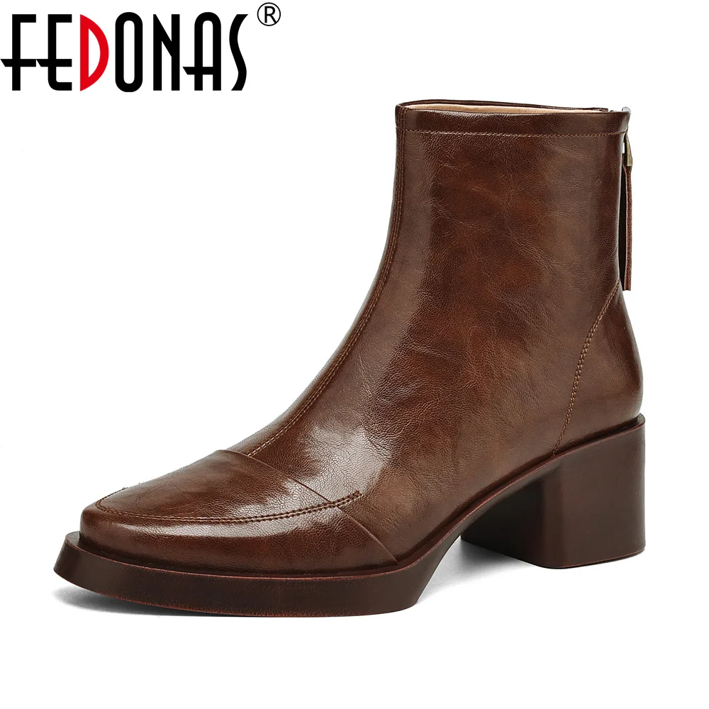 FEDONAS jesienne zimowe buty na wysokim obcasie seksowne damskie luksusowe buty masywne kostki Chelsea Boots moda nowe oryginalne skórzane buty