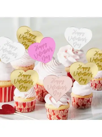 10pcs Acrylic Heart Cake Topper for Party Happy Valentine's Day Party Supplies Cupcake Topper