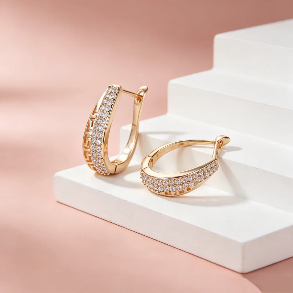 Elegant Zircon Ring Earrings Golden Copper Double-Row Gemstone With Pattern Earrings Women's Office And Wedding Jewelry