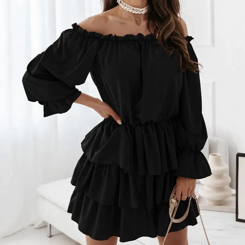 

Tunic Dress Skin-friendly Mini Dress Women Simple Charming Long Sleeve Ruffle Hem Tunic Cake Dress