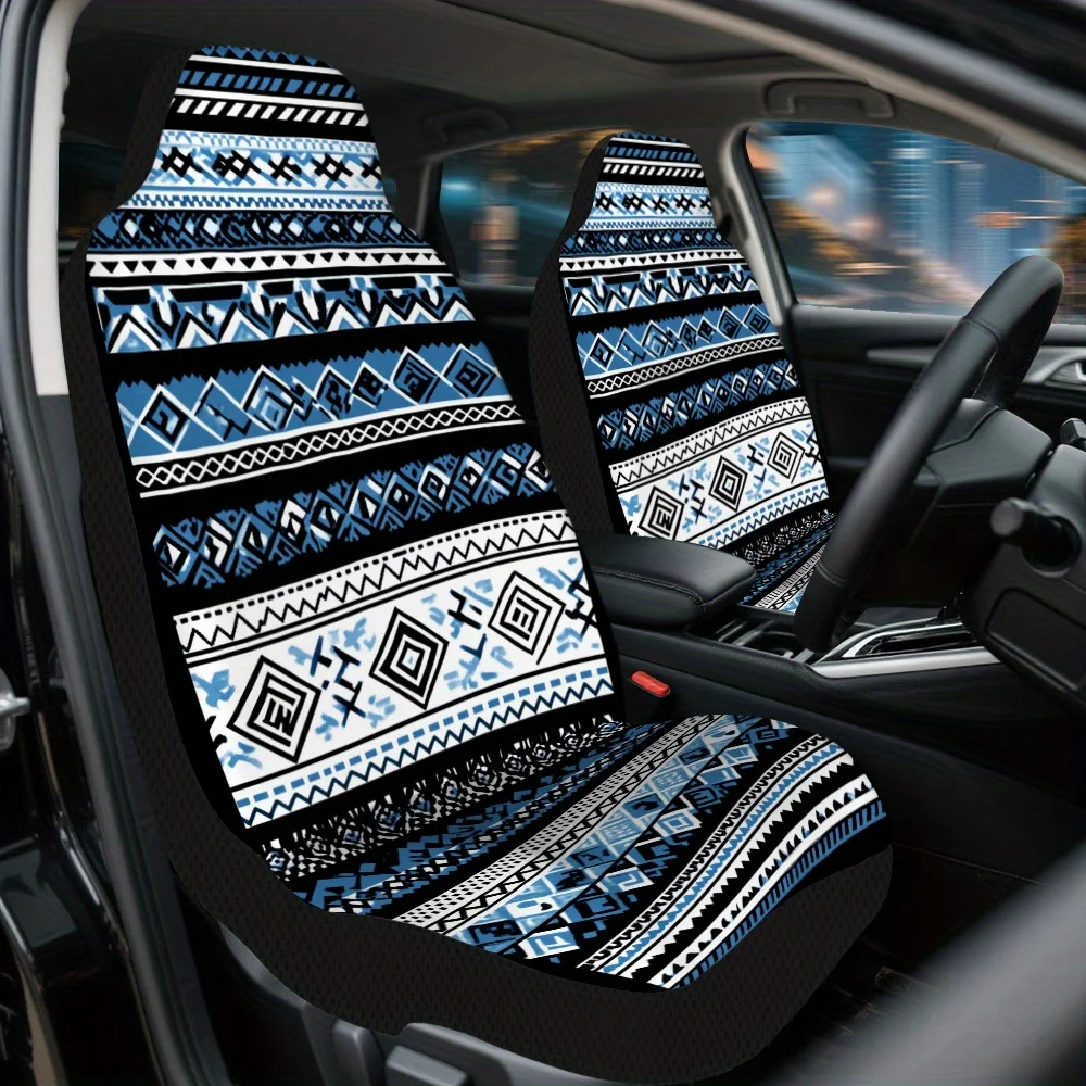 Set Of 2, Blue Geometric Stripes Car Covers – Complete Set Of Durable And High-Quality Front Protectors, Universally Compatible