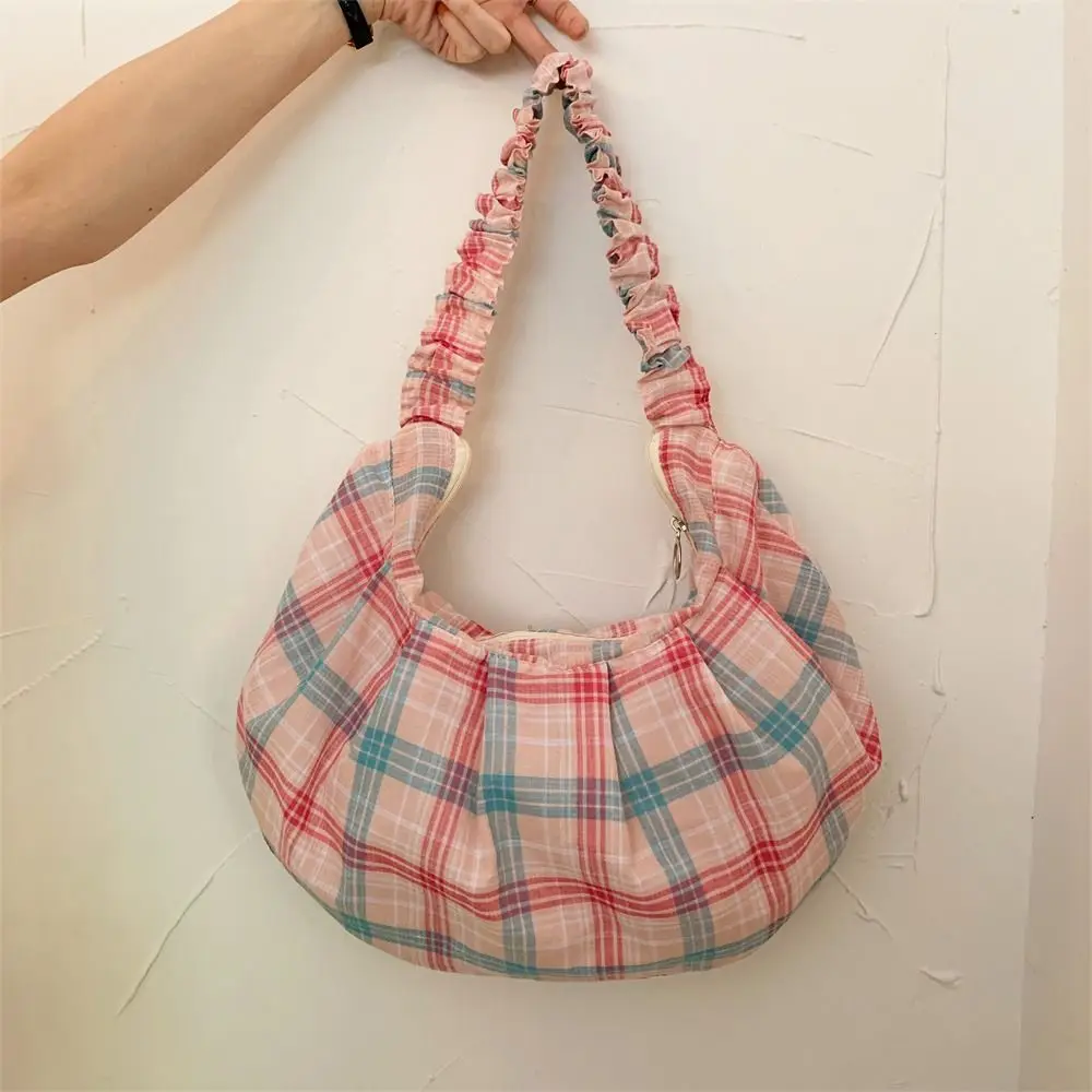

Cute Sweet Pleated Dumpling Bag Korean Style Casual Lattice Tote Bag Large Capacity Women Chic Underarm Bag Outdoor
