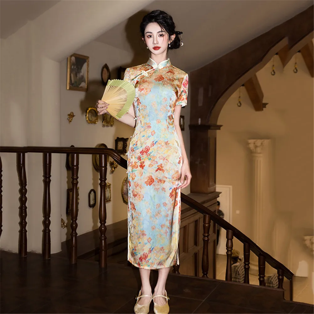 

Chinese Style Dress Women Sexy Short Sleeve Cheongsam Lady Satin Mandarin Collar Print Flower Qipao