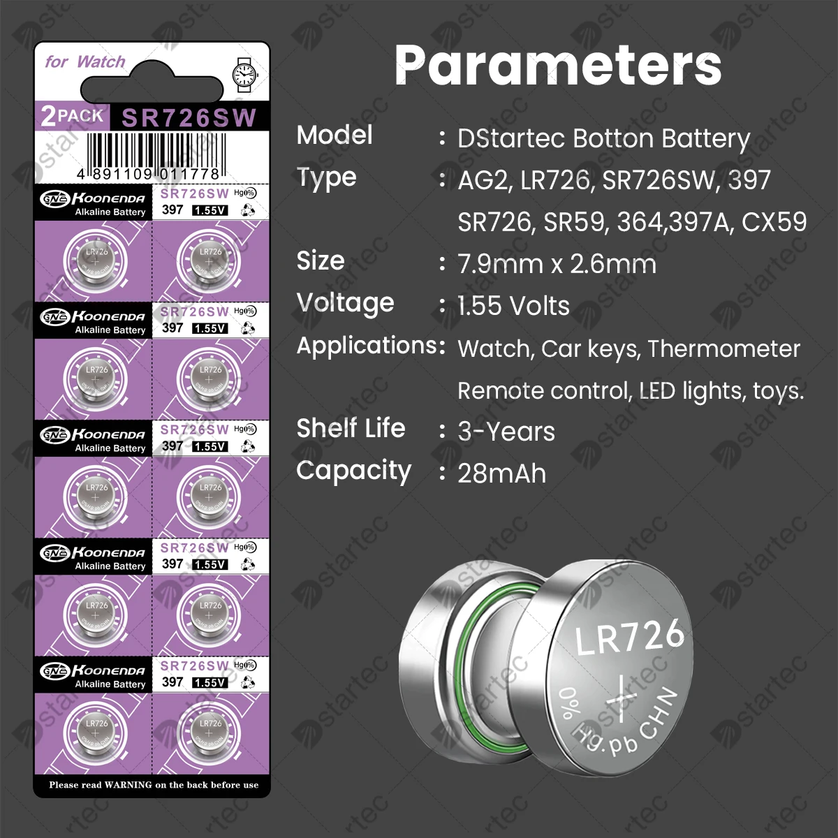 Koonenda LR726 AG2 1.55V Alkaline Button Battery, SR726SW 397 396 L726 RW411 G2 SR726 397A CX59 Coin Cell for Watch Clock Remote