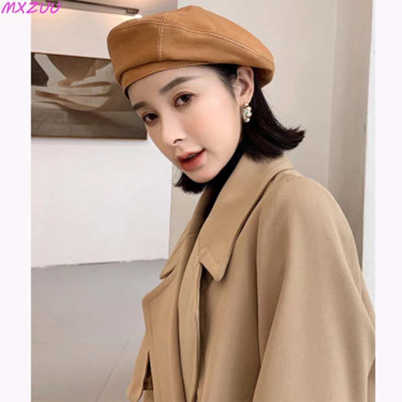 Ladies Genuine Leather Top Hats Exquisite Berets Femme Sheepskin Light Luxury Retro Khaki/Brown Cap Showing Small Face Headdress