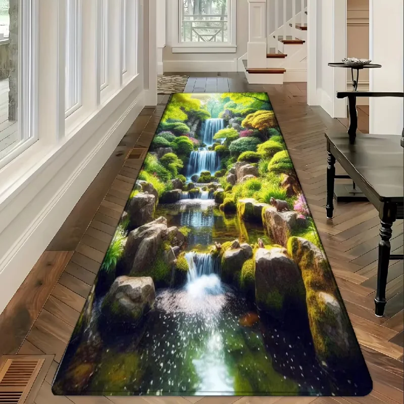 VIKAMA 3D Garden Waterfall Long Strip Carpet Anti-slip and Easy-to-Clean Hall Floor Mat Kitchen Carpet Home Decoration