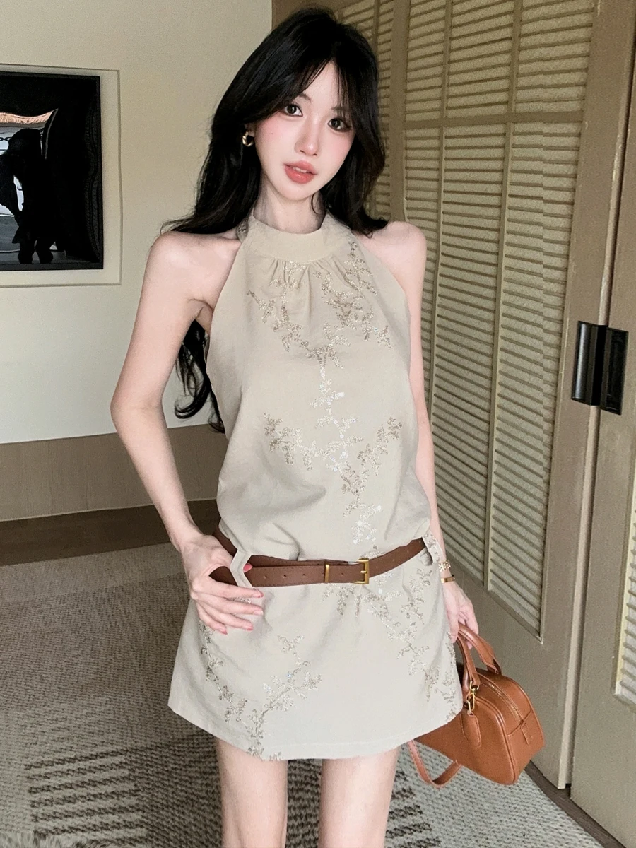 Elegant Heavy Embroidery Sleeveless A-Line Dress Women's High Waist Slim Fit Short Skirt Three-Piece Set Luxury Minimalist Style