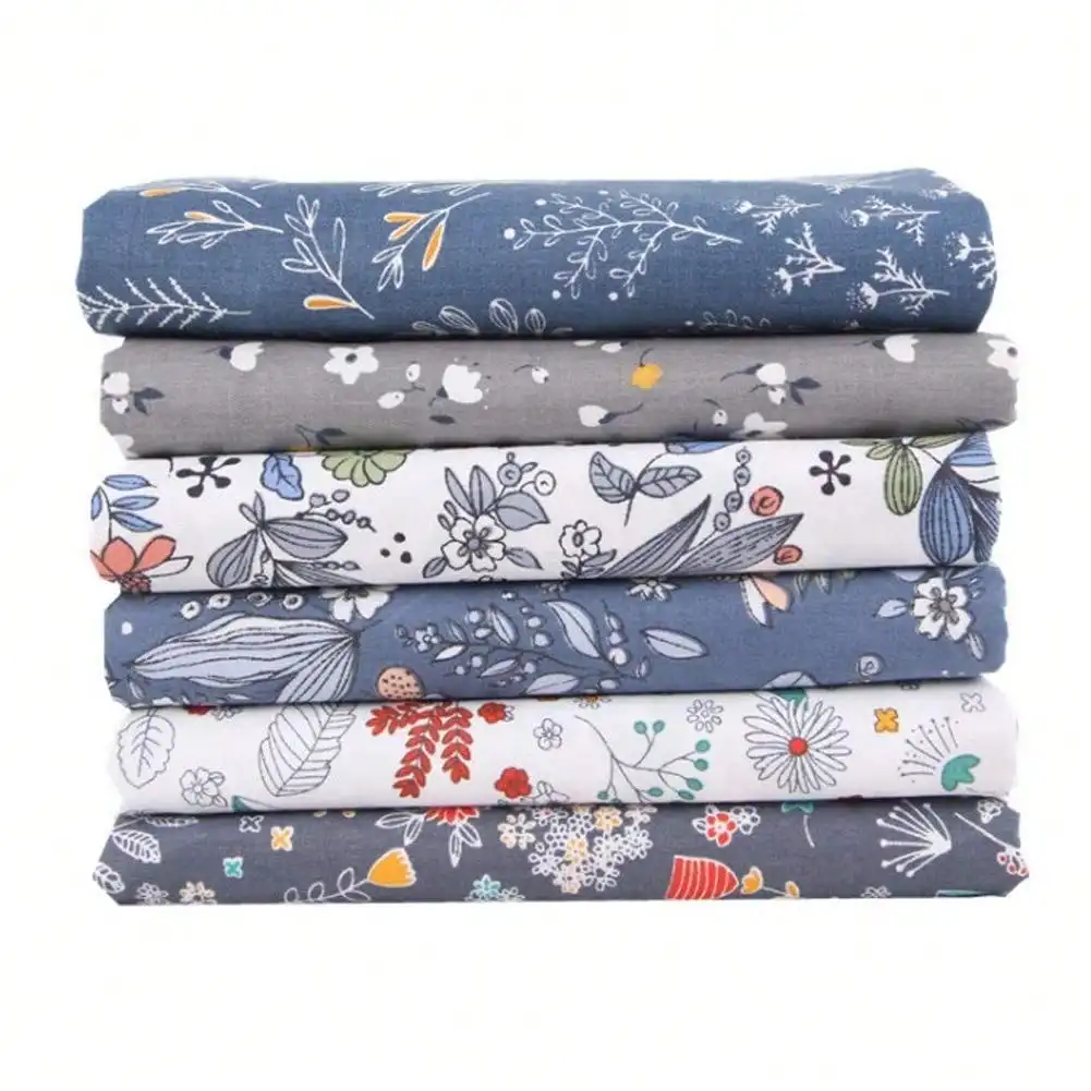 6pcs Gray Flower Grass Leaf Cloth Set, Dark Blue Plaid, Striped Cloth Set, Handmade Bag DIY All Cotton Fabric
