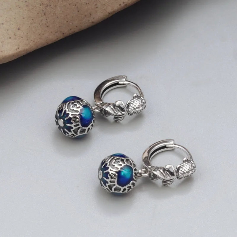 925 Sterling Silver Enamel Ball Goldfish Ear Buckle Ear Clip Vintage Ethnic Hanging Earrings Women's Jewelry Original Certified