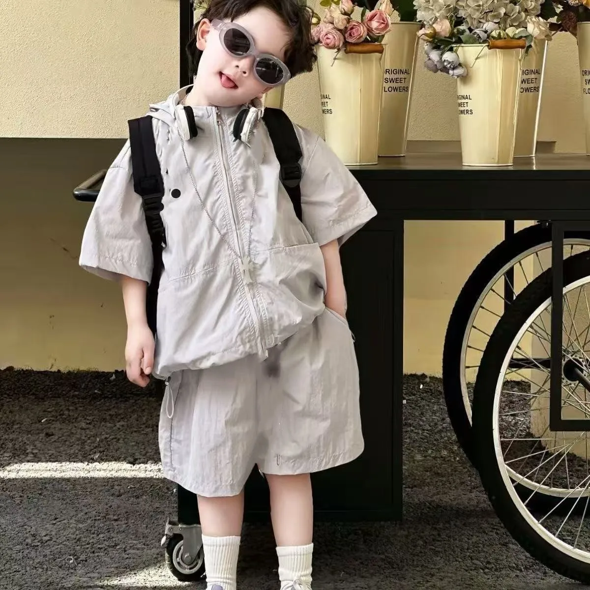 

Summer Jacket And Shorts Set for Kids Thin Zipper Sun Protection Clothing Trendy Two-Piece Set Kids Outfits