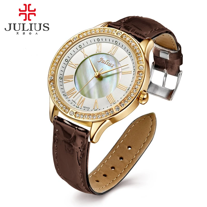 

Женские часы с перламутром, японский кварцевый механизм, со стразами, винтажный стиль, браслет из натуральной кожи, подарок для девушки, в коробке Julius