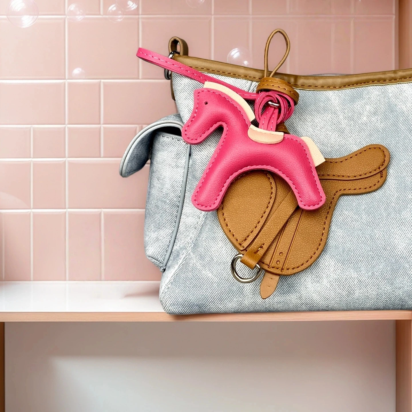 Upgraded Classic PU Leather Hanging Bag Charm – Plump Pony OR Curved Saddle with Metal Footrest – Premium Leather, Hand-Stitched