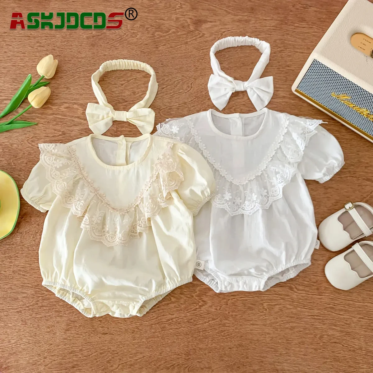 

2024 Kids Summer Baby Girls Short Sleeve Lace Ruched Flower Cotton Outwear Infant Newborn Jumpsuit Toddler Bodysuit+headband 유아복