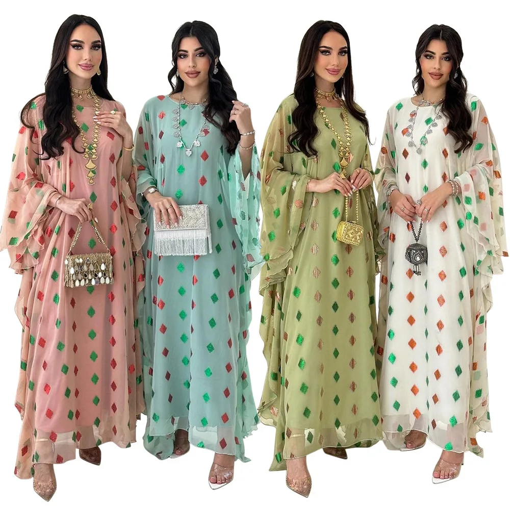 

Ближневосточная роскошная модная мусульманская одежда, женское арабское шифоновое повседневное длинное платье с рукавами «летучая мышь» и вышивкой