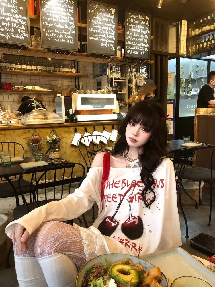 Sweet Off Shoulder White T-shirt Women Cherry Letter Printed Spliced Lace Long Sleeve Tops Japanese Harajuku Loose Tees