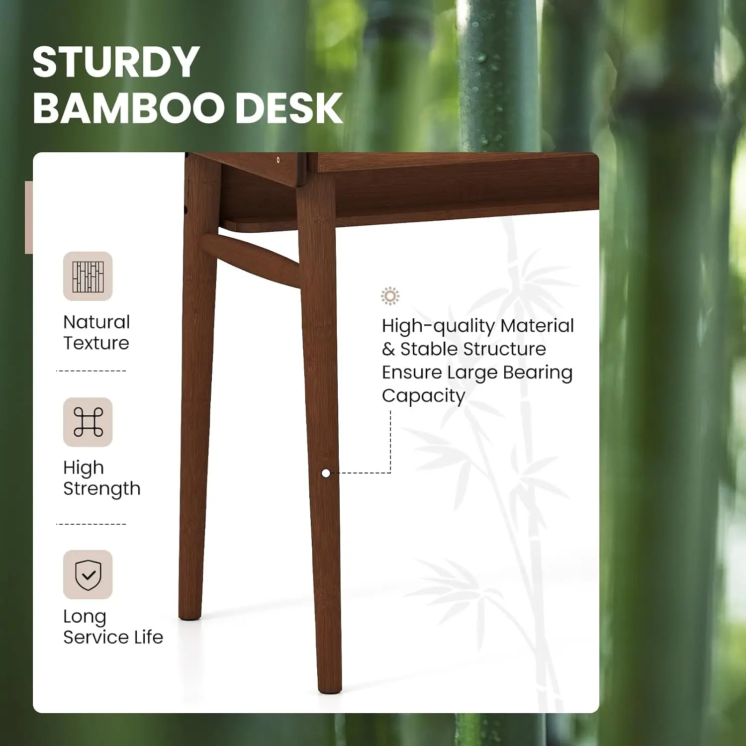 Mid Century Modern Bamboo Desk with 2 Drawers & Open Shelf, Vanity Table Workstation for Bedroom, Walnut, Customized
