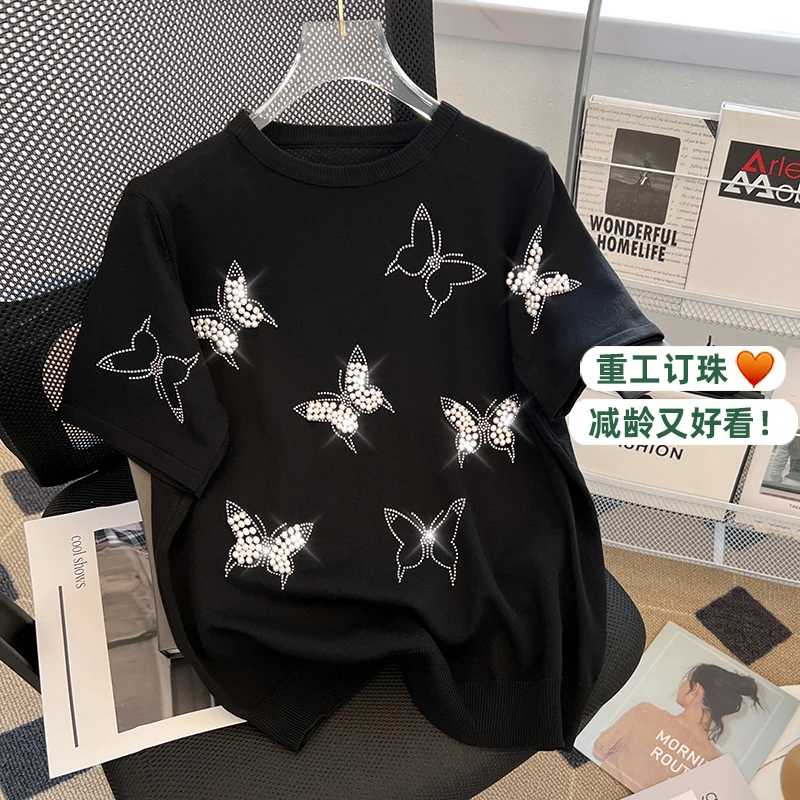 

Butterfly beading Casual Short Sleeve Summer Knitted Sweater Women Pullover Sweaters Korean Style Slim White Pull Knitwear