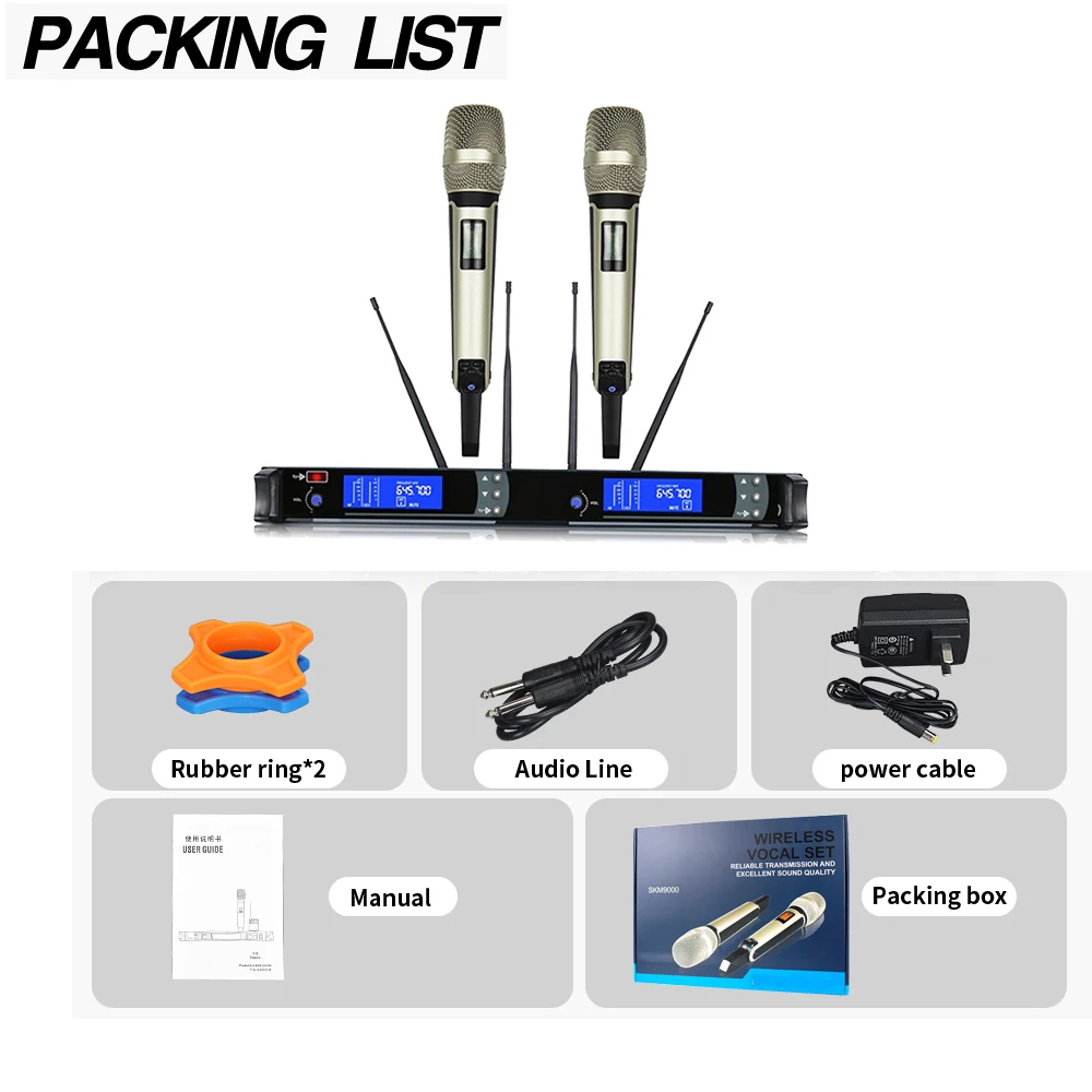 SKM9000 Wireless Microphone  DUAL Channels True Diversity Wireless Microphone UHF Pro Wireless Microphone System Karaoke Mic