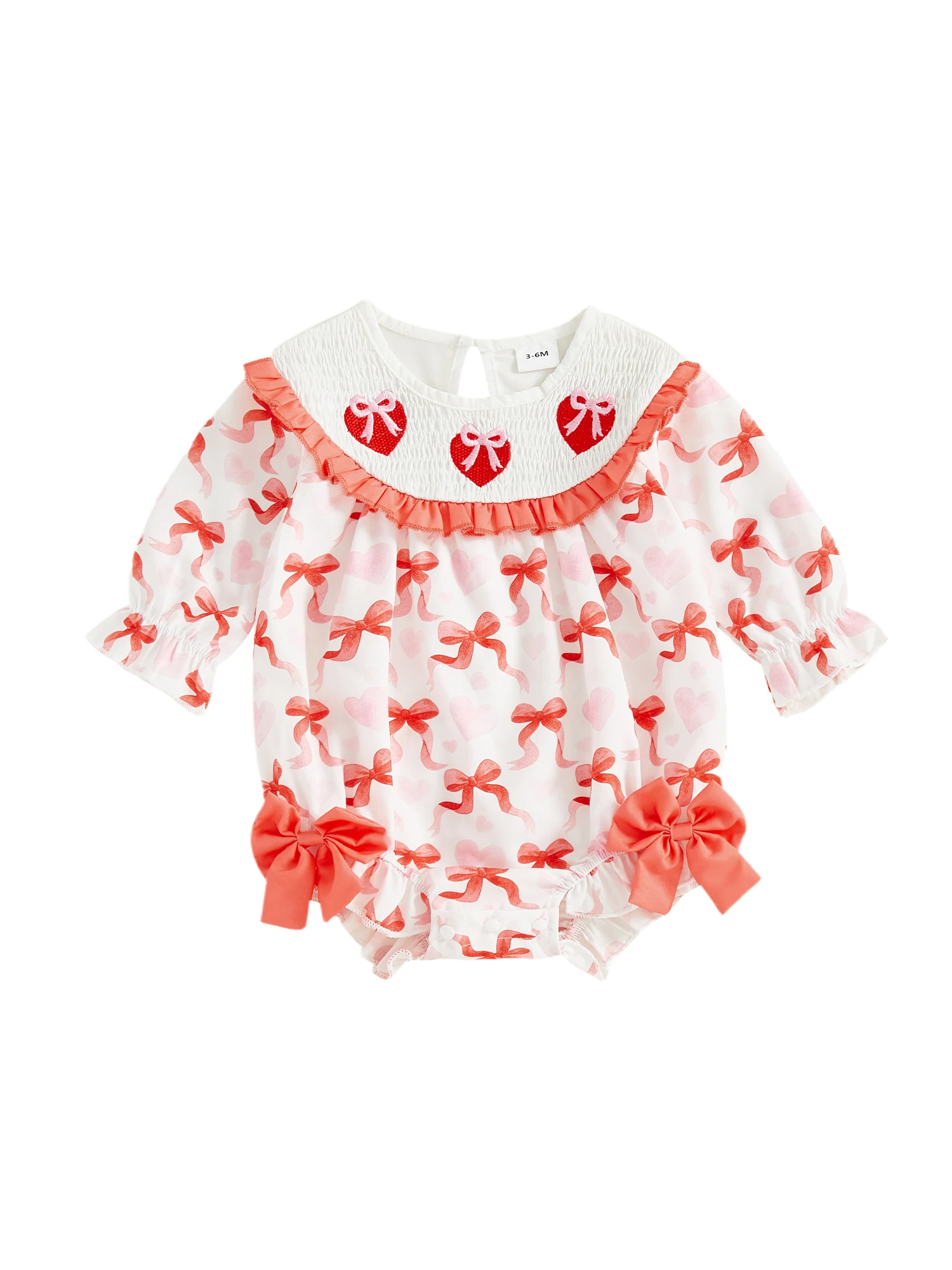 

Sweetheart Baby Girl Romper with Adorable Heart Print Bow Accents and Ruffled Trim - Comfy Crew Neck Jumpsuit for Newborns