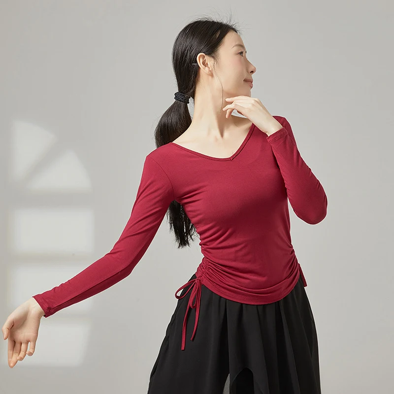 

Женский танцевальный топ с V-образным вырезом, присборенный, на шнуровке, с рукавом 3/4, облегающая футболка для балета, латиноамериканских и современных танцев, йоги, пилатеса, активного отдыха