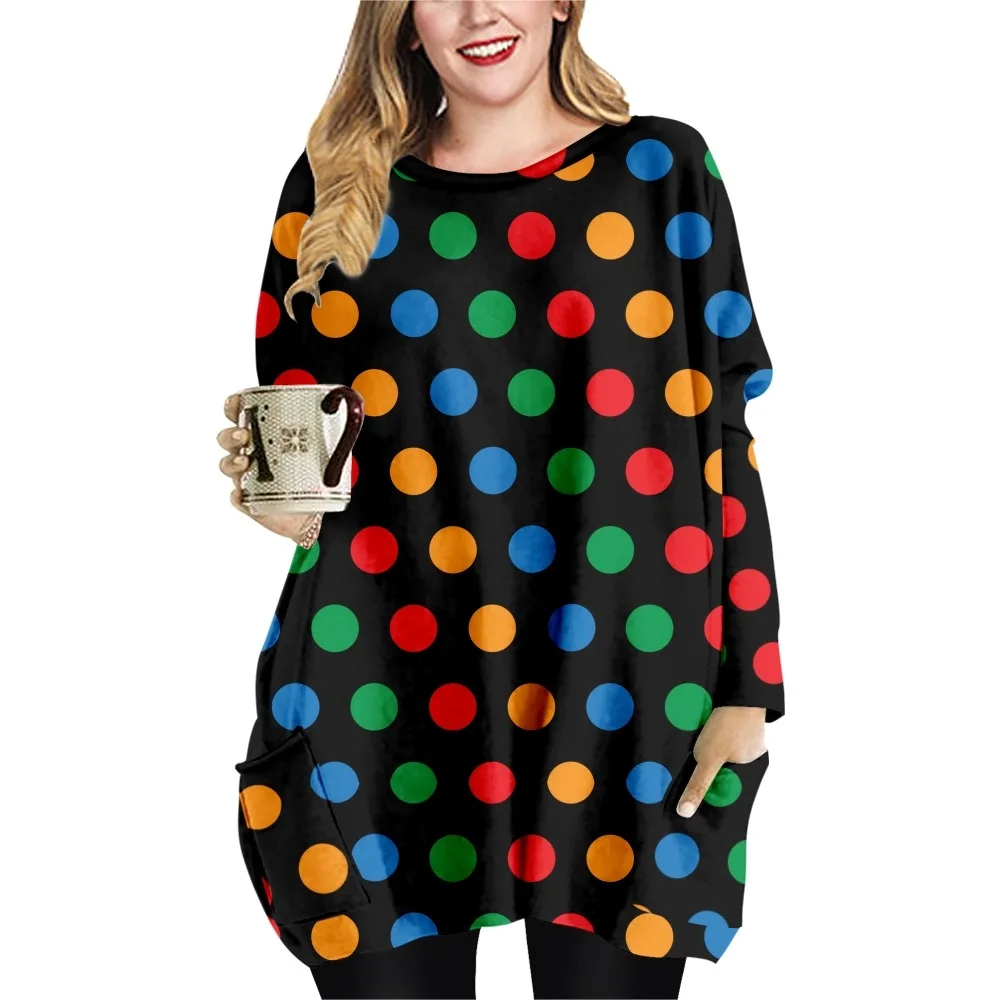 

polka dots Print Patchwork Print Loose Casual Style Ladies T-shirt Double Pocket Dress Round Neck Long Sleeve Dress-