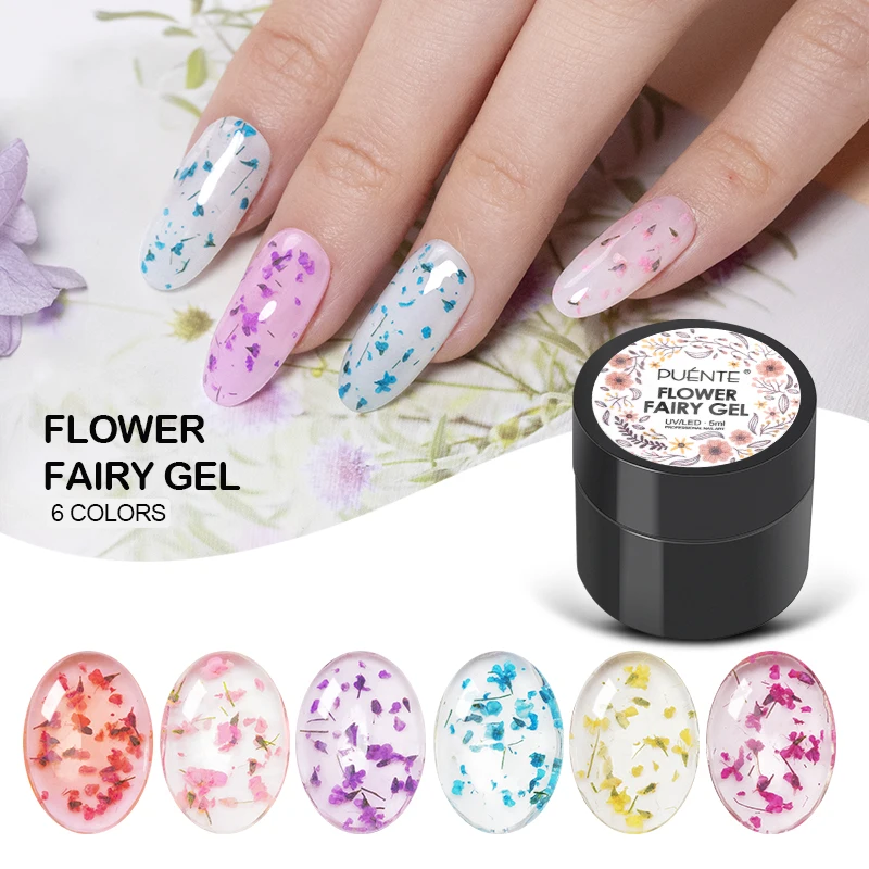 PUENTE 5ml Flower Fairy Gel Nail Polish Pink Purple Blue Natural Dried Flower Nail Art Gel Soak Off UV Semi-Permanent Varnish 3