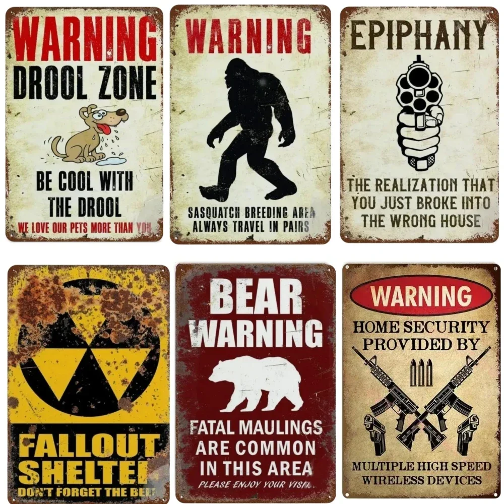 Funny Warning & Outdoor Safety Vintage Tin Sign Set - Vintage Durable Metal Plaque Wall Decor, Home Office Bar Man Cave Wall