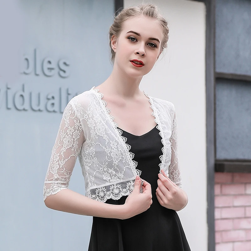 Bolero Women Femme Long Sleeve Lace Jacket Casual Lace Appliqued Shawl Shurg Wedding Bridal Cape Party Wedding Wrap Short Coat