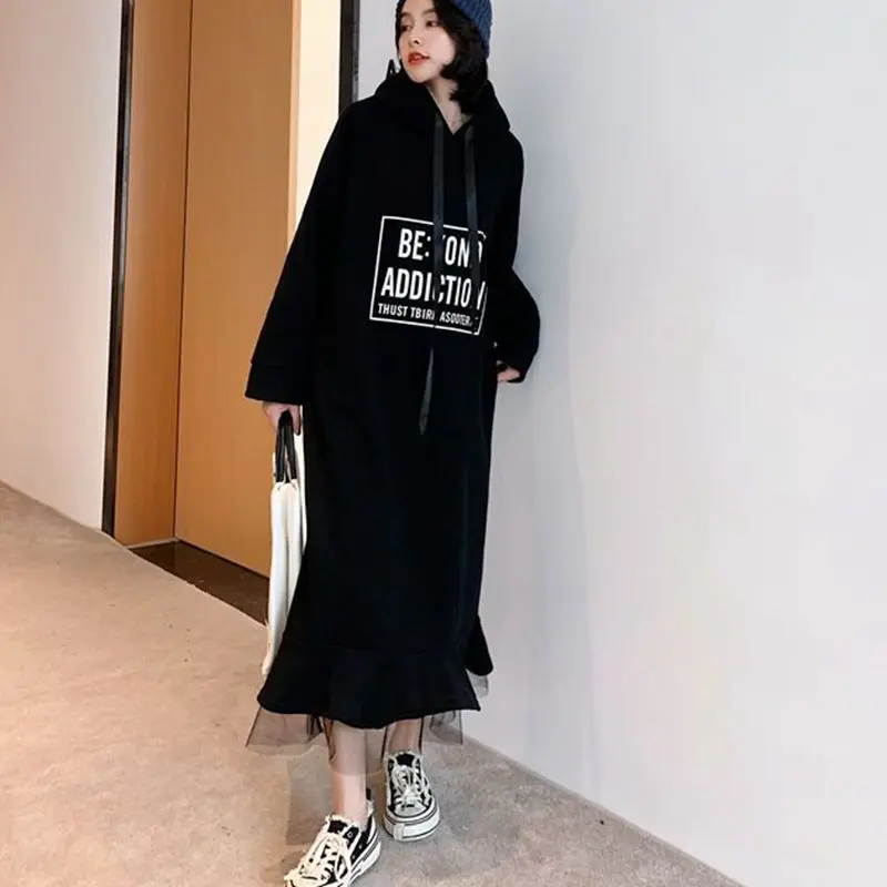 

Plus Size 5XL 150kg Winter Fleece Dress Long Sleeve Hooded Long Dress Women Casual Vintage Maxi Dresses Vestidos su