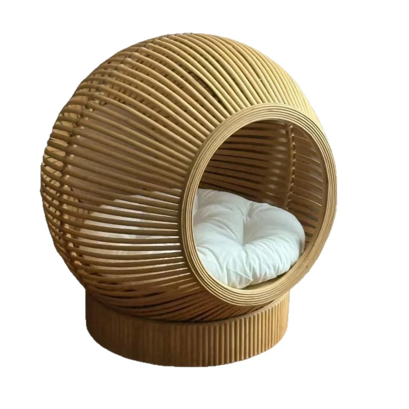 Pet Nest Villa Rattan Bamboo Natural Breathable Four Seasons Log Home Handmade Cat and Dog Bed