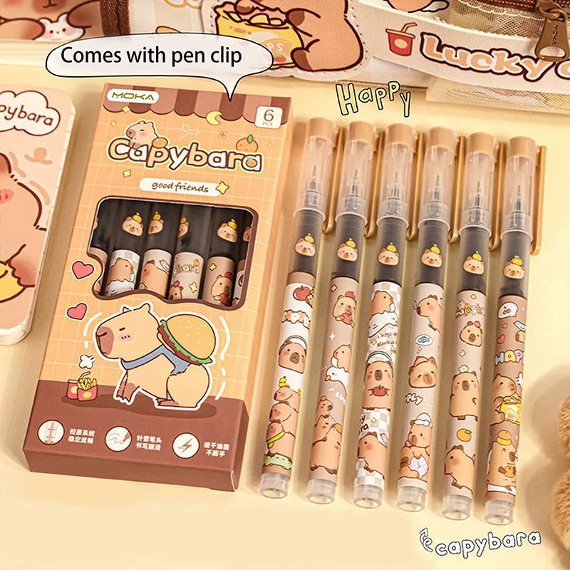 Capybara Escrita Suave Gel Canetas, Tinta Preta, Acessórios de Escritório, Estudante, Presente do Professor, Papelaria Estética, Kawaii, 6Pcs