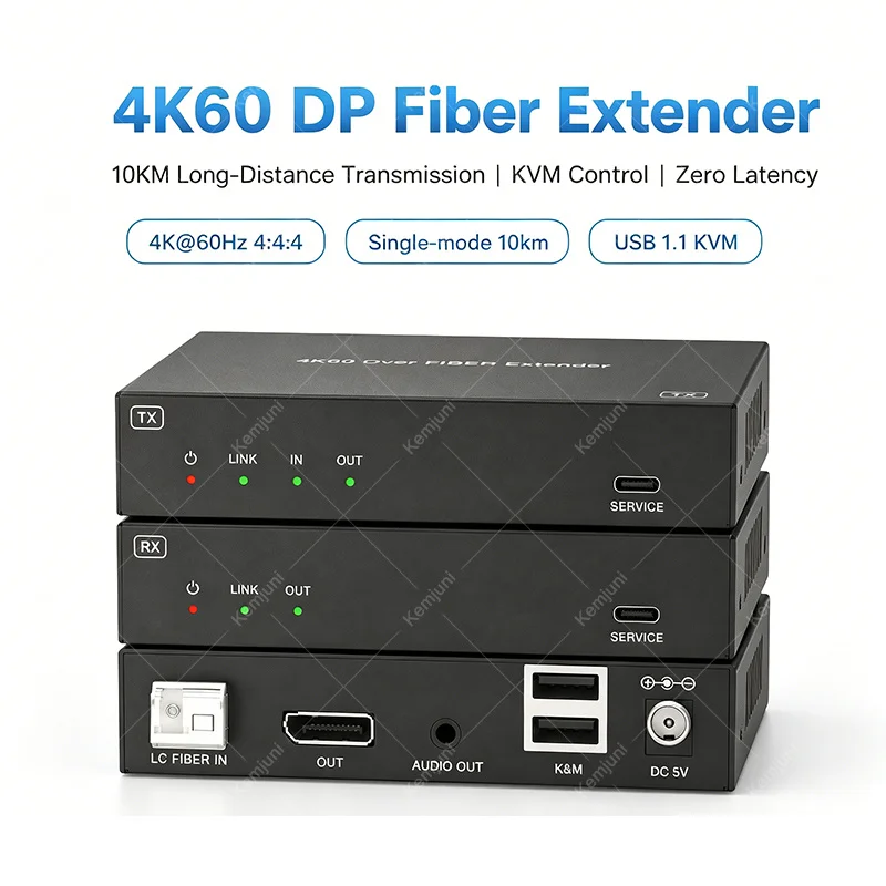 HD 4K 60HZ DP Optic KVM Extender Single-mode Fiber Optic 10KM Transmission Multimode Support USB 1.1 Key Mouse Transmission