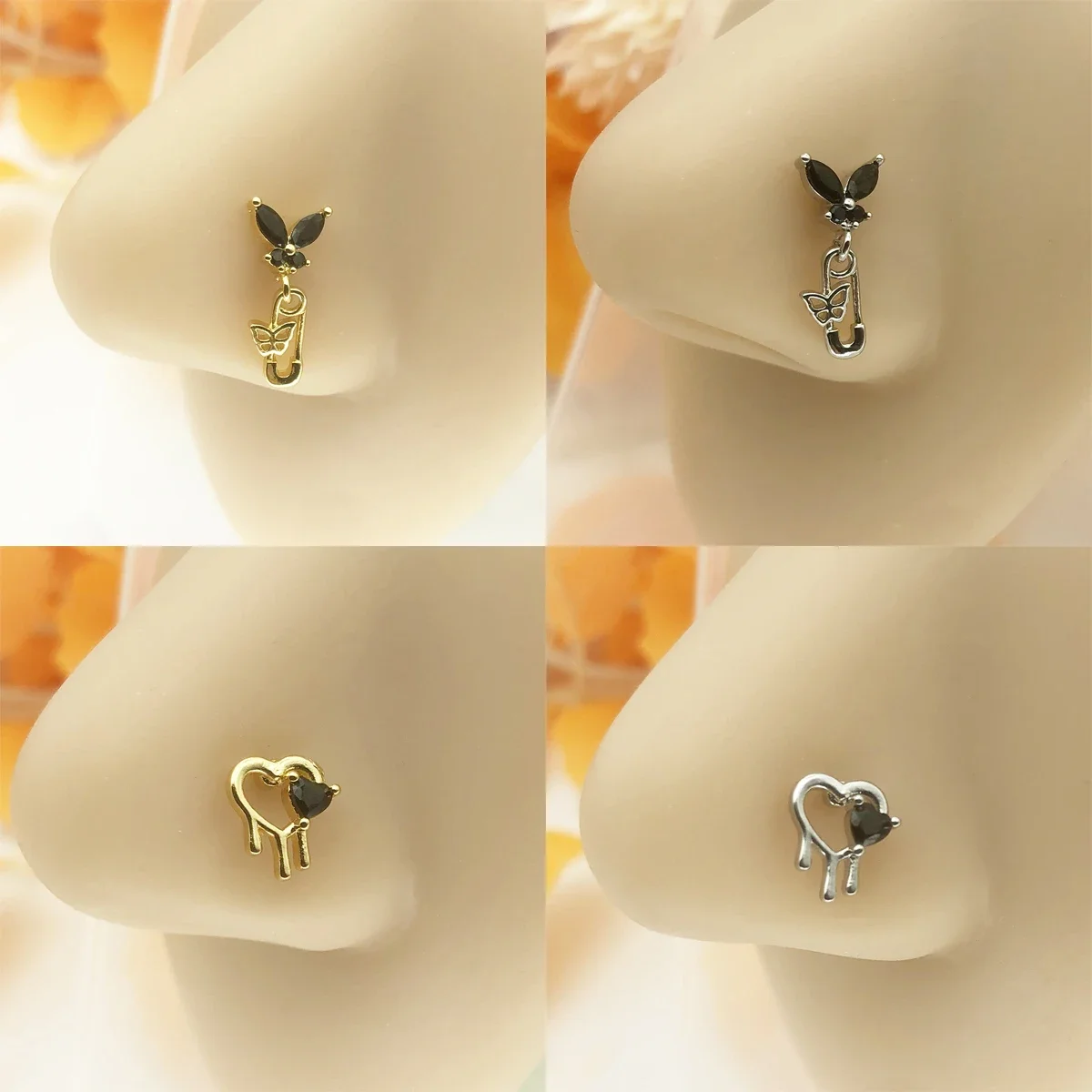 Butterfly Nose Rings for Women Gothic Nose Studs 20G Stainless Steel L-Bend Pin Heart Cubic Nose Piercing Jewelry Body Jewelry