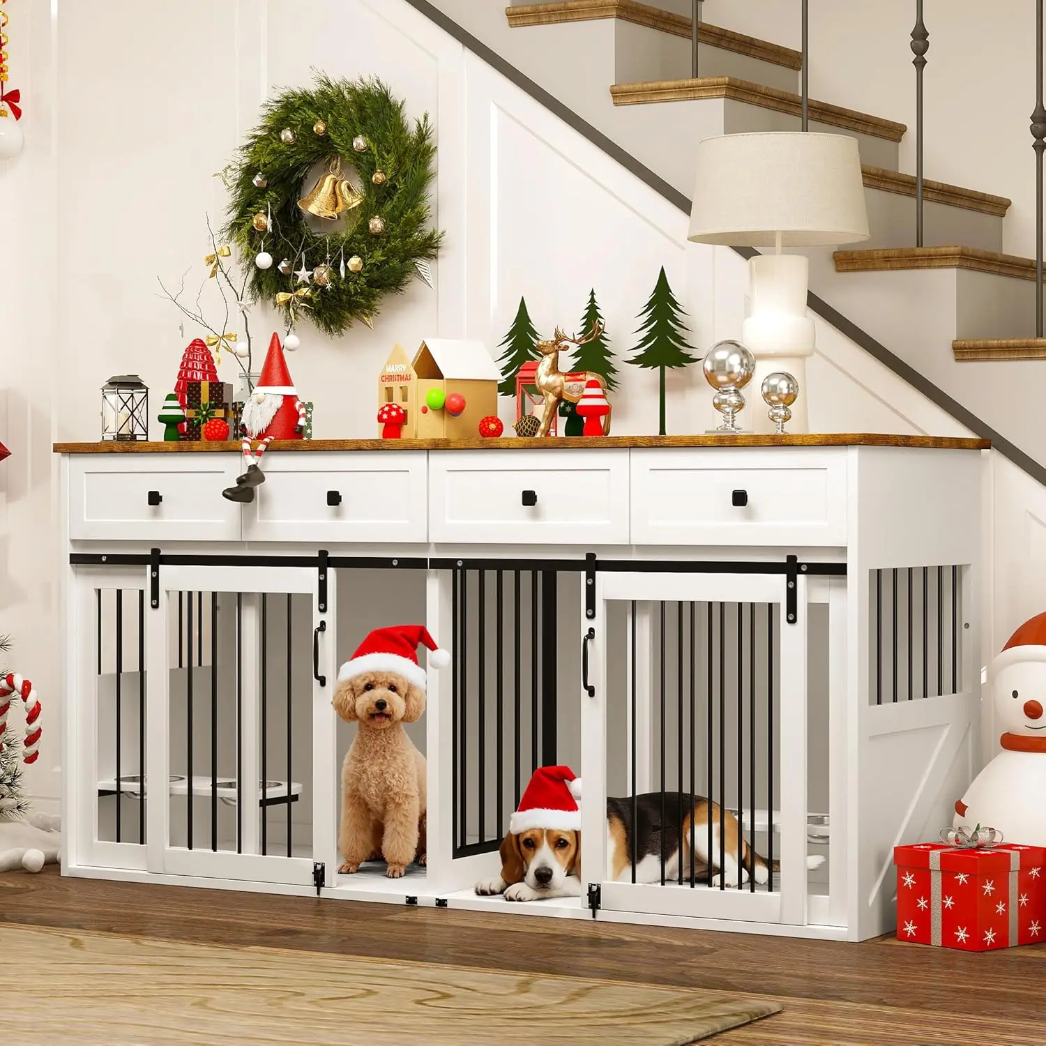 أثاث كبير للكلاب مقاس 71 بوصة لعدد 1 أو 2 للكلاب مع باب منزلق، أثاث بيت للكلاب شديد التحمل للكلاب الصغيرة/المتوسطة