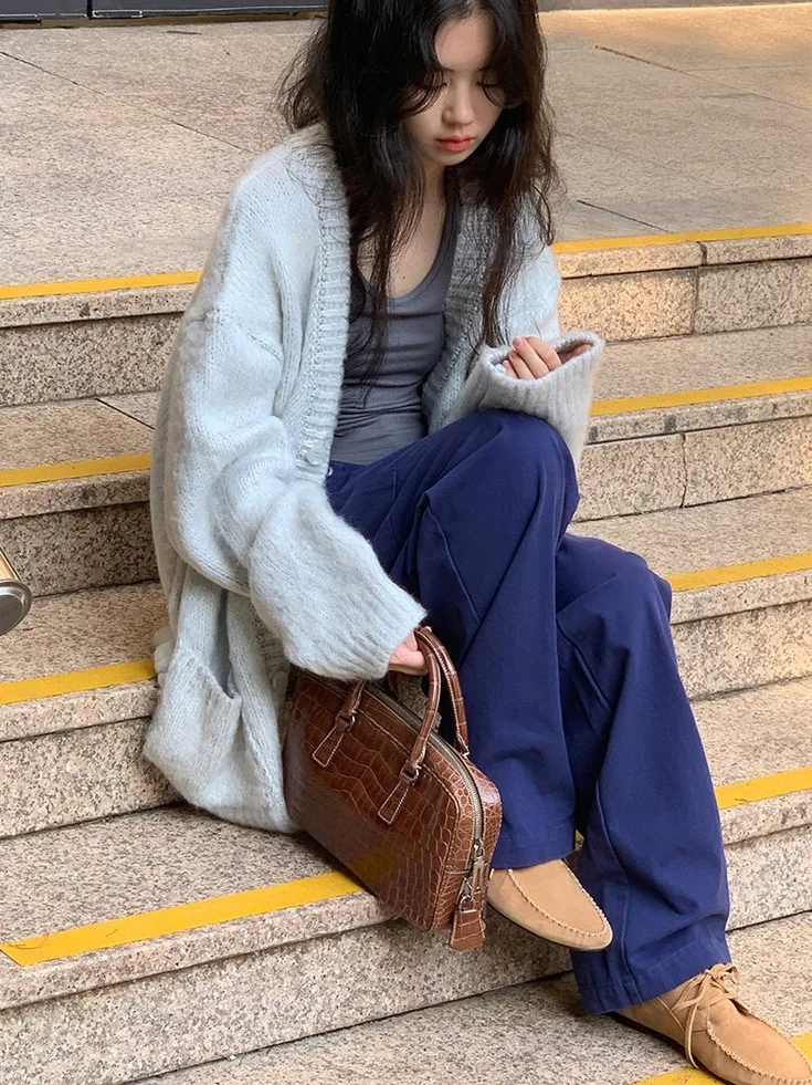

Lazy Soft Fluffy Sweater Jacket Shoulder Drop Knitted Cardigan Women's Basic Style Loose Fit Winter New Arrival Dongdaemun