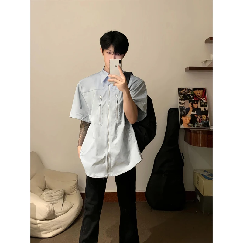 

Light Blue oulder Pad Zipper ort Sve Men's irt Summer Thin High-End Design Trendy Outerwear American Sle Collar