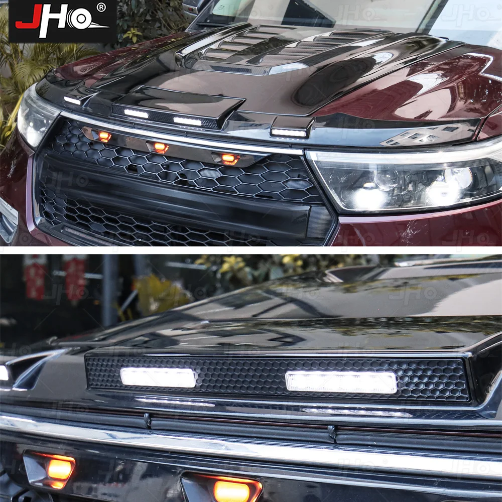 JHO Front Bug Shield Hood Deflector w/ LED Light Strip Guard Bonnet Protector For Ford Explorer 2020-2022 Exterior Accessories