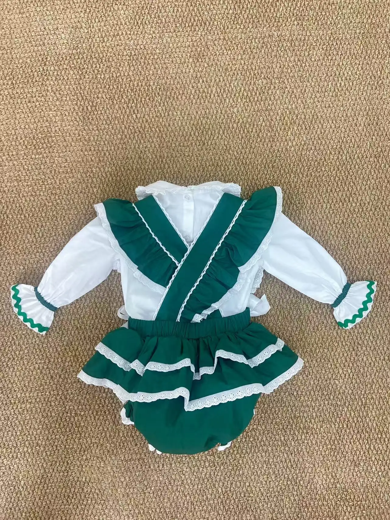 Autumn Baby Girl Green White Lace Ruffle Outfit Embroidery Suit for Birthday Holiday Easter Eid Christmas C424 view 4