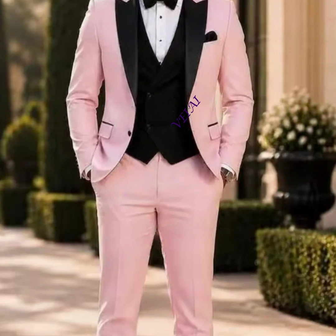 Customized Pink And Black Formal Men Suit Groom Groomsman Wedding Party Prom Business Male Tuxedos 3 Piece Set Blazer Vest Pants