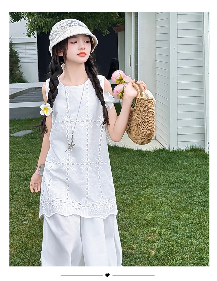Mädchenkleid Sommer Weiß 2026 Ärmellos mit Rüschensaum und Hohlstickerei, Kinderkleidung für 110-170cm, 15-50kg, 5-15 Jahre – Detail 15