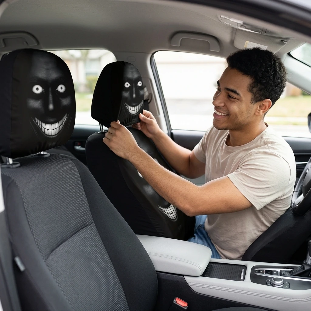 2PCS Funny Car Headrest Covers Elastic Printed Breathable Auto Seat Pillow Protector for SUV Sedan Seat Decorative Cover