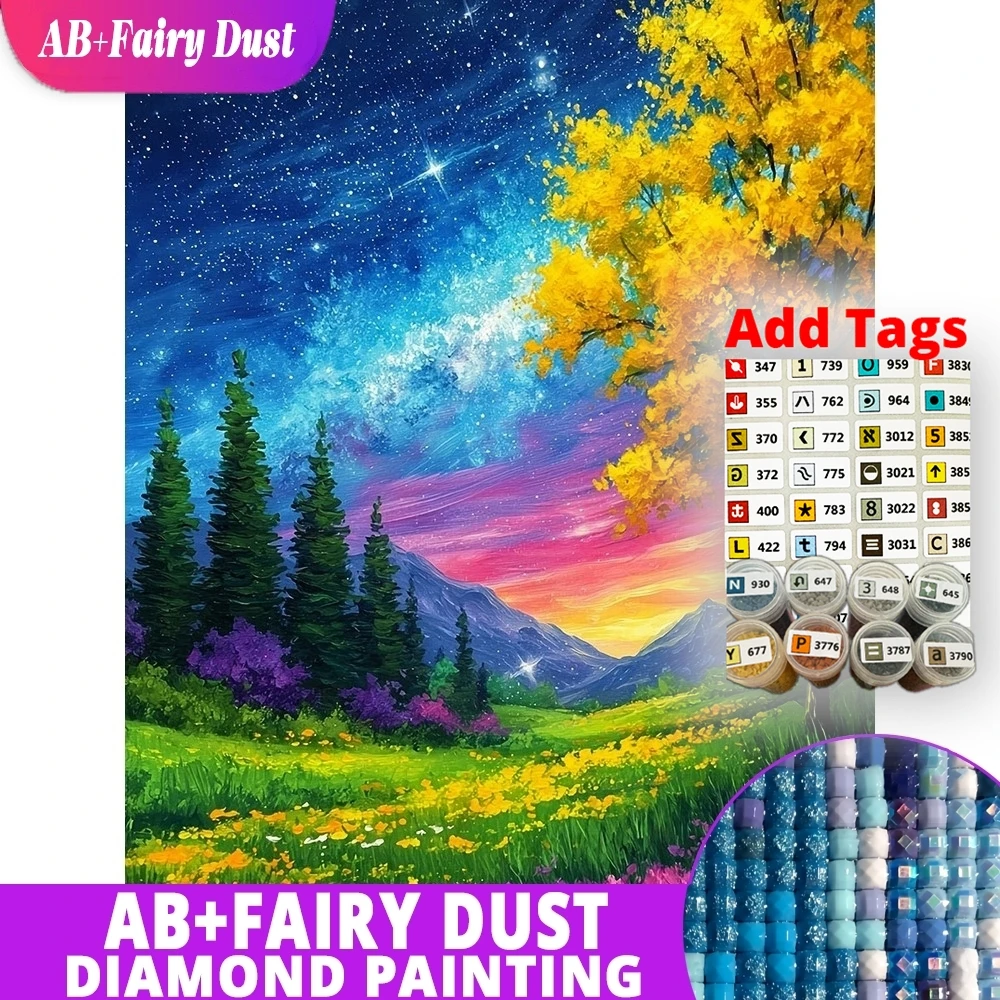 AB Fairy Dust Full Square Round Diamond Mosaic Mountain Meadow Starry Sky Tree Landscape Full Drill Painting Rhinestones Embroid