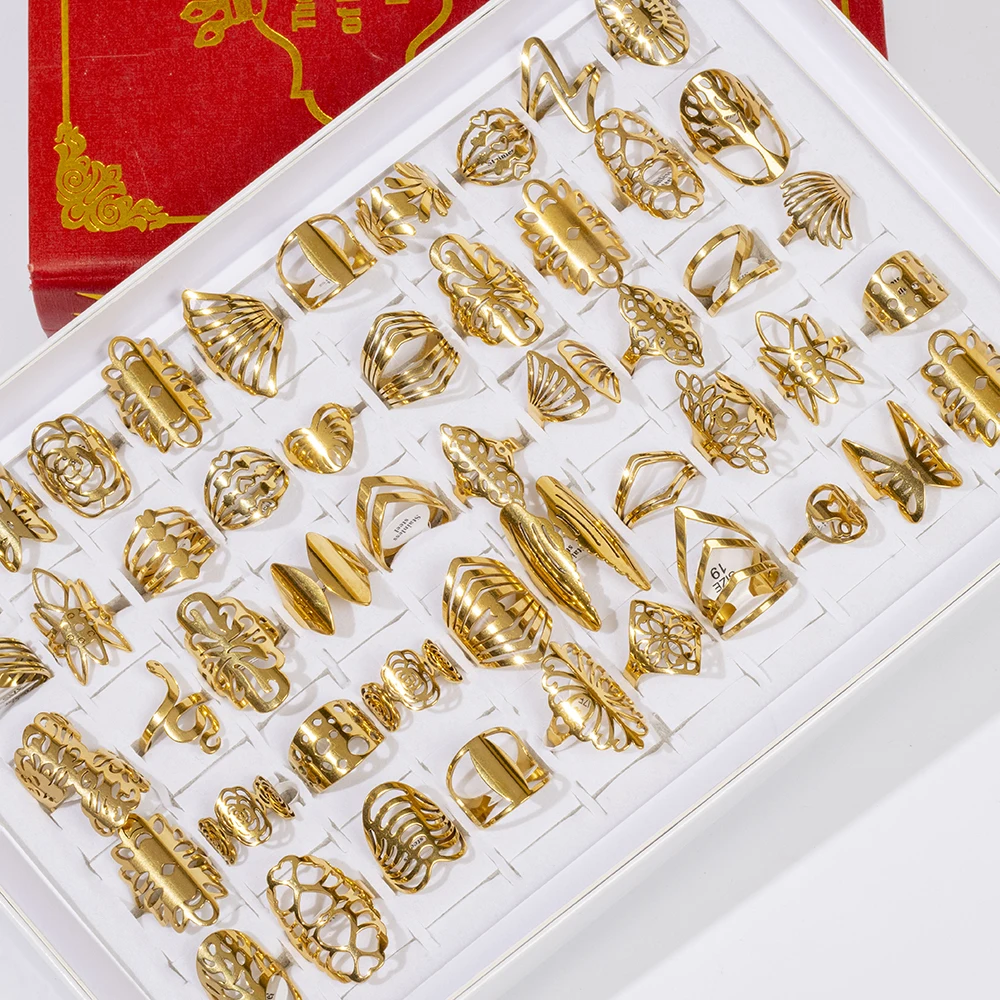 20 قطعة/الوحدة المرأة موضة الفولاذ المقاوم للصدأ الكبيرة والصغيرة الجوف قطع خواتم مجوهرات مزيج الحب زهرة القلب نمط للحزب هدية