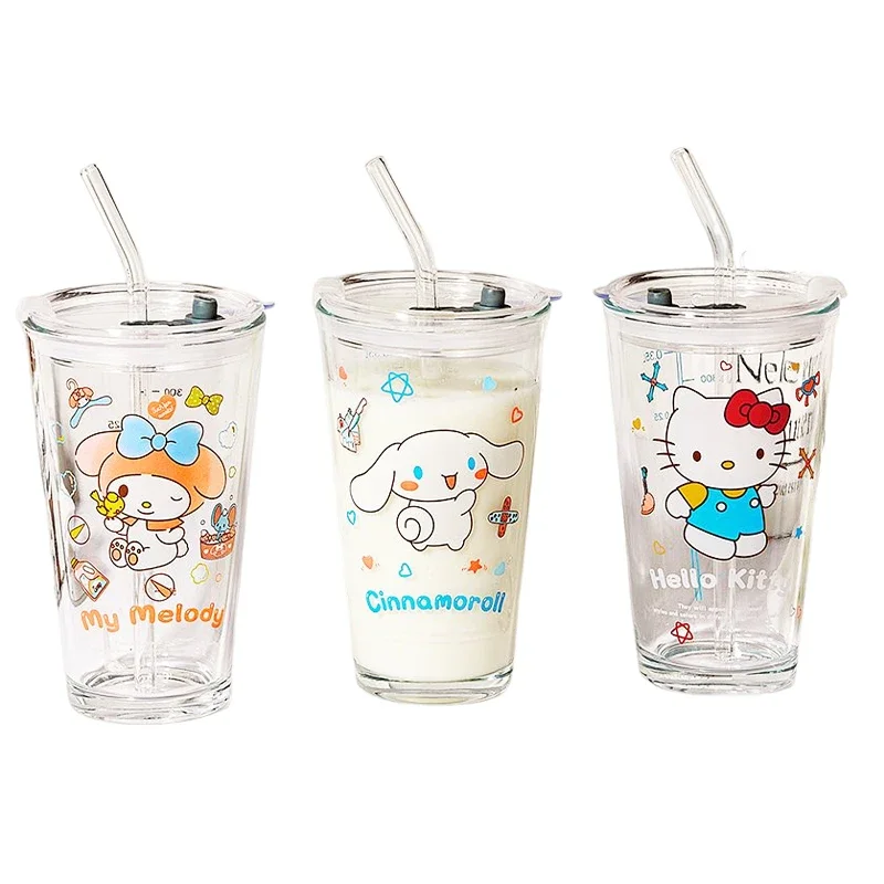 Sanrio Hello Kitty My Melody Cinnamoroll Kawaii Cartoon Glass Large-capacity Home Ice Water Cup Girl Heart Cold Drink Cup Gift